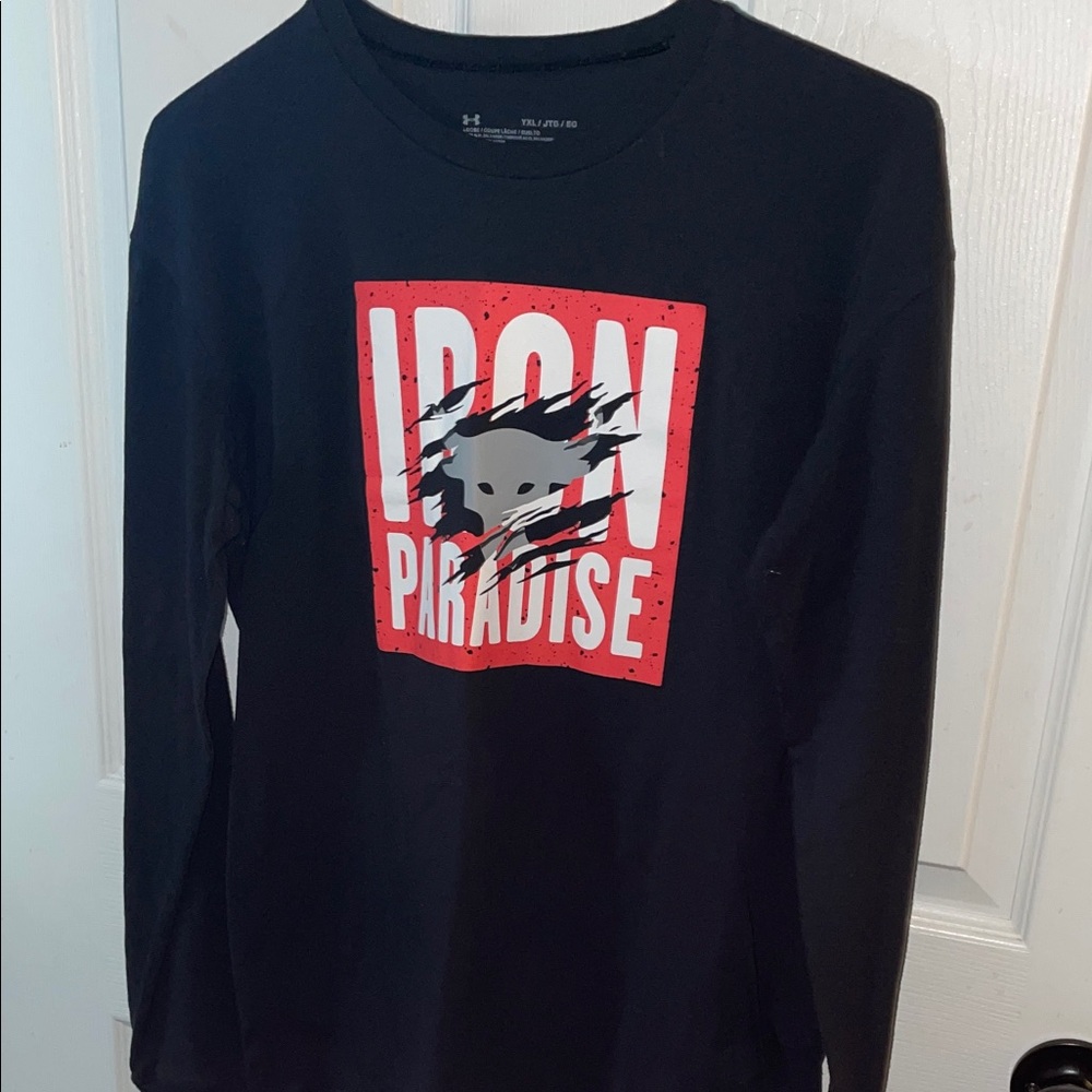 Under Armour Black Long Sleeve Tee with Red and White Front Box Graphic